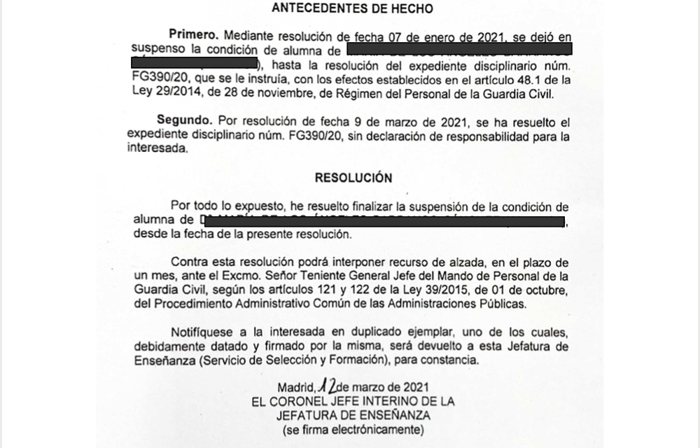 UnionGC informa que queda libre de responsabilidad disciplinaria la Guardia Civil Alumna suspendida en Lanzarote