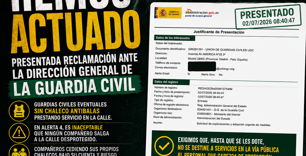 UniónGC exige a la Dirección General explicaciones por la falta de chalecos antibalas para guardias civiles eventuales