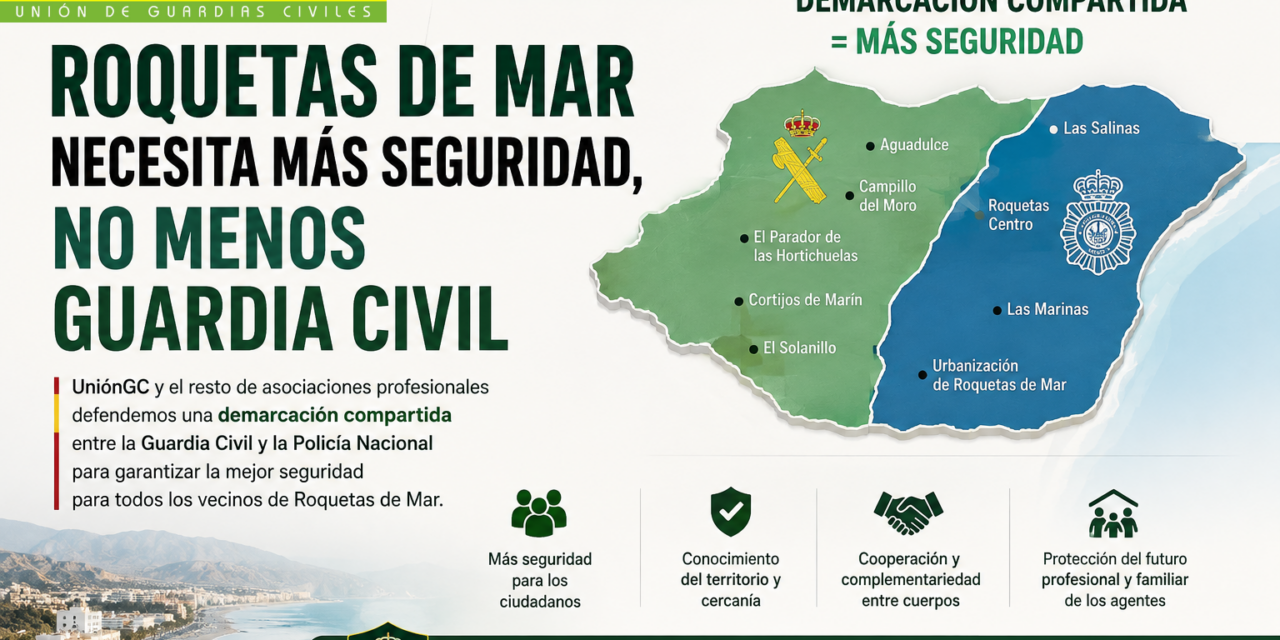 UniónGC respalda una solución de demarcación compartida para mantener la Guardia Civil en Roquetas de Mar